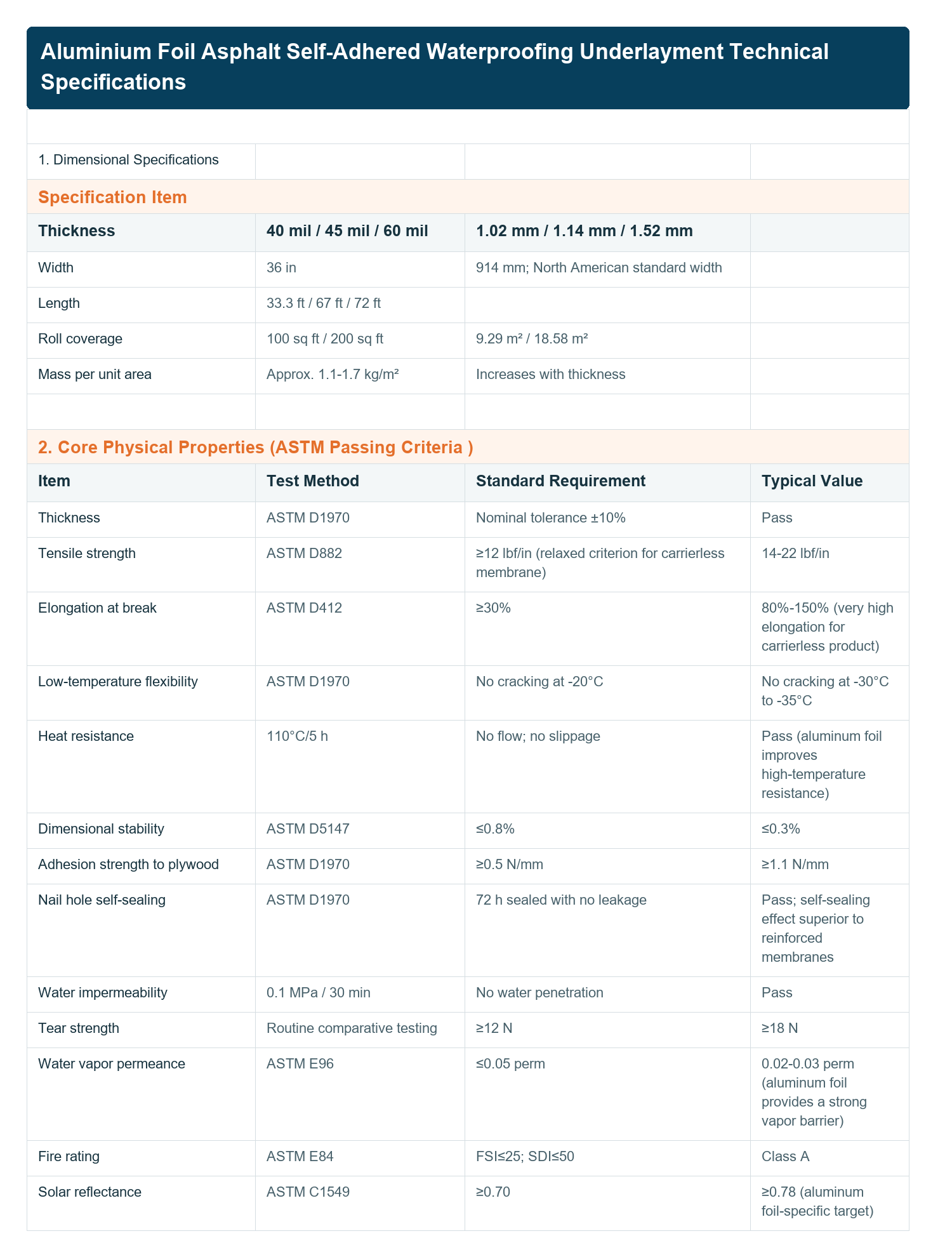 Aluminium foil asphalt self-adhered waterproofing underlayment technical data table