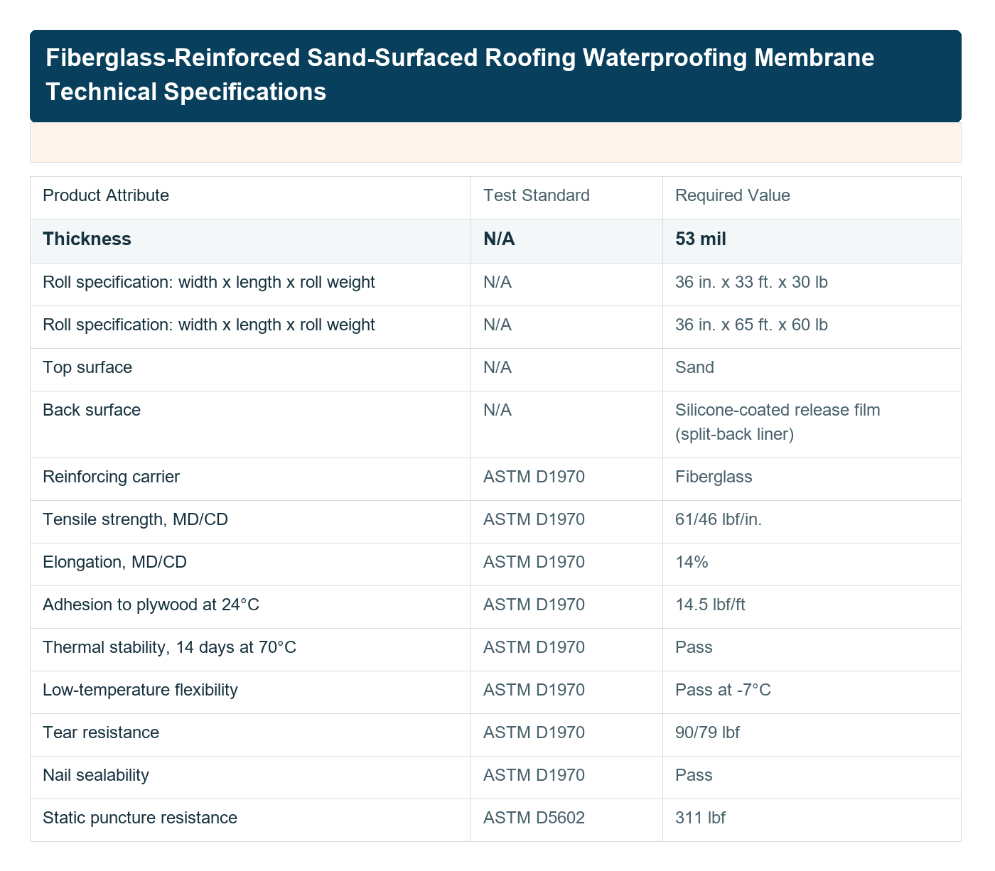 Sand-surfaced fibreglass-reinforced asphalt waterproofing membrane technical data table